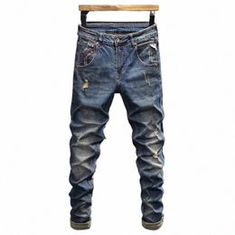 italian Style Fi Men Jeans Retro Blue Elastic Slim Fit Destroyed Ripped Jeans Men Vintage Designer Casual Denim Pants Homme g3nu#