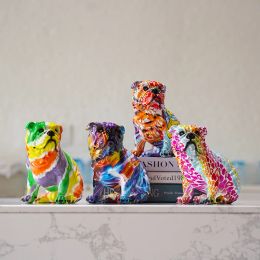 Miniatures Creative Scandinavian Dazzling Water Transfer Bulldog Statue Animal Resin Ornaments Home Living Room Entrance Decorations