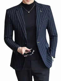 1 Piece Pinstripe Men's Suit Slim Fit for Formal Wedding Tuxedo Notched Lapel Navy Blue Striped Busin Groom Male Fi C9NY#