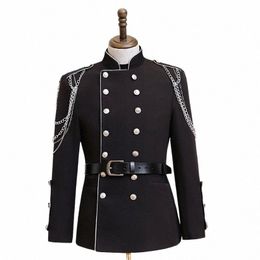 mens Stand Collar Steampunk Steampunk Blazer Jacket Double Breasted Belt Design Lg Jacket Men Stage Prom Cosplay Costume Homme t4I4#