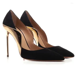 Dress Shoes Sexy Mixed Color Gold Black Patchwork Pumps Golden Plated Stiletto Heels Pointed Toe Slip On High Heel Woman