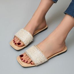 Slippers Fashion Flat Women Shoes Summer Big Size 43 Pearl Beach For Rhinestone One Word Belt Sandals