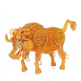 Miniatures 3D Stereo Cattle Bovines Cow Handmade Gold Metal Aluminium Wire Ornament Chinoiserie Zodiac Animal Lucky Fortune Feng Shui Decor