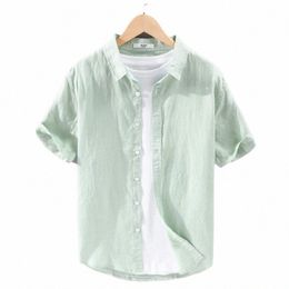 camicia di lino estiva a maniche corte di marca Suhaiwe da uomo fi casual colletto rovesciato camicia bianca solida mens camisa masculina v0sM #