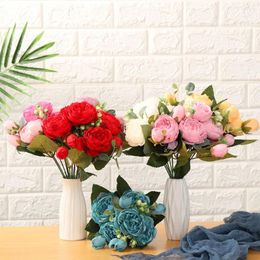 Decorative Flowers 30cm 9 Head Vase Vintage Home Ornament Rose Bouquet Silk Peony Artificial Party Decoration