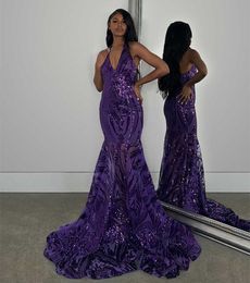 Glitter Sequined Mermaid Prom Dresses Sexy Halter Backless Long Purple Evening Gowns For Black Girls Sleeveless Special Occasion Dress Pageant Party Wear 2024