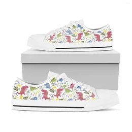 Casual Shoes BKQU Cute Cartoon Dinosaur Floral Pattern Women Comfortable Canvas Flats Vulcanised Lace-up Sneakers Ladies