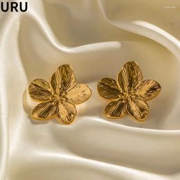 Stud Earrings Fashion Jewellery Vintage Temperament Gold Colour Metal Flower For Women 2024 Trend Simply Design Ear Accessories