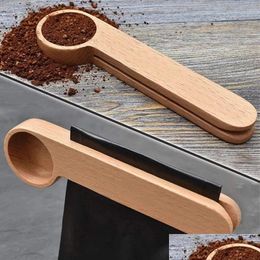 Bag Clips Ground Coffee Scoop Clip Wooden Coffees Scooper Tablespoon Woods Measuring Spoon Long Handle Wood Sealing Drop Delivery Home Dh8Ha