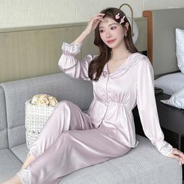 Home Clothing 2024 Spring Silk Satin Long Sleeve Sexy Lace Pyjama Sets For Women French Court Sleepwear Homewear Pijama Mujer Clothes