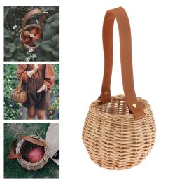 Baskets Wicker Storage Basket Woven Hanging Baskets with Leather Handle Garden Flower Vase Potted Plant Pot for Home Decoration