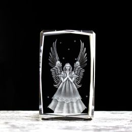 Sculptures 3D Guardian Angel Statue Laser Engraved Crystal Cube Figurines Baby Baptism Favours Gifts Home Decoration