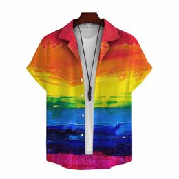 summer Men'S Shirt Rainbow Print Short Sleeve Top Fi Simple High Quality Men Clothing Loose Oversized Shirt Hawaiian Shirts w518#