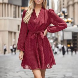 Casual Dresses Temperament Elegant Women A-Line Dress Chiffon Lace V Neck Ruffle Long Sleeve Tie Waist Mini Vestidos Mujer Verano 2024