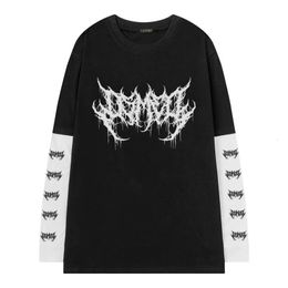 Gothic Graphic punk T-shirt men summer Hip hop Japanese Harajuku style y2k print loose student Fake two shirt 240313