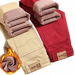 men's Winter Warm Fleece Khaki Red Jeans 2023 New Busin Fi Stretch Slim Fit Denim Thick Casual Pants Male Brand Trousers 86Rh#