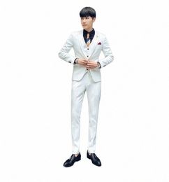 casual Busin Party Pure Colour Suit Male British Style White Three Piece Suit Groom Groomsmen One Butt Wedding Suit Set J2Ed#