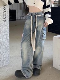 Women's Jeans Aoaiiys Blue Y2k High Waisted Streetwear Patchwork Pattern Wide Leg Lace Up Korean Fashion Straight Trousers