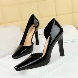 Dress Shoes Minimalist Banquet Women's Thick Heels Ultra-High Patent Leather Shallow Cut Side Hollow Square Toe Single