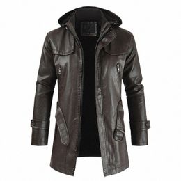men's PU Hooded Slim Fit Medium Leather Windbreaker Waterproof Motorcycle Autumn Winter Jacket Men's Fiable Leather Jacket w4lQ#