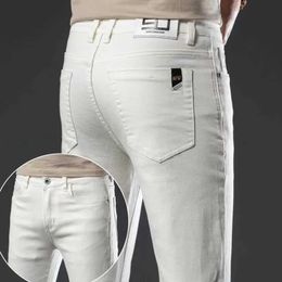 Men's Pants 2023 New mens white jeans Summer mens cotton business stretch slim fit denim pants New casual mens jeans J240328