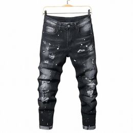 men Black Skinny Denim Spot Jeans Male Ripped Stretch Fit Jeans Men Slim Trousers Fit Lg Jeans Pants Streetwear Casual h8Qi#