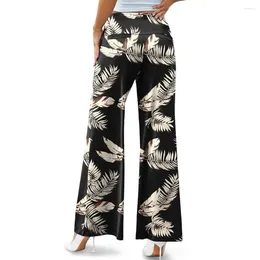 Women's Pants Printed Stylish Leaf Print Wide Leg For Women Elastic High Waistband Office Trousers Stretchy Streetwear