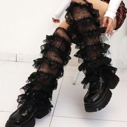 Women Socks Women's Ruffle Lace Leg Warmer Sheer Meshes Sleeves Long Thigh Highs Baggy Cuffs Cover Boot