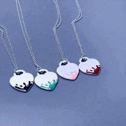 Women Classic Fashion S925 Sterling Silver Blue Pink Black Splash Enamel Heart-Shaped Necklace Luxury Brand Jewelry Gift283T