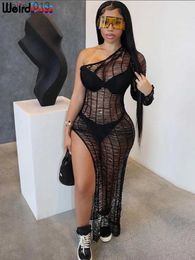 Basic Casual Dresses Weird Puss Knit Hollow Dress Women One Shoulder Crochet See Through Sexy Bodycon Side Split Midnight Party Stretch Prom Clubwear yq240328