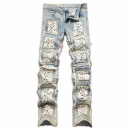 men Fr Embroidery Denim Jeans Fi Fringe Patches Patchwork Pants Slim Straight Wide Leg Trousers W8Ua#