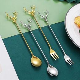 Coffee Scoops Hanging Ice Spoon Household Elk 2024 Long Handle Stir Dessert Fork Kitchen Gadgets Gold