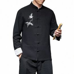 crane Embroidery Shirts Traditial Chinese Vintage Clothing Men's Half Sleeve Linen Solid Madarin Collar Hanfu Kungfu Cardigan 23lc#