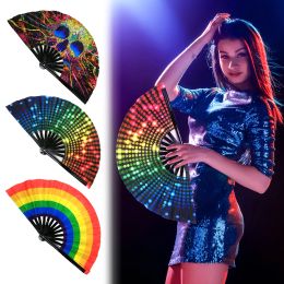 Sets Chinese Folding Fan Art Craft Gift Wedding Dance Hand Fan Dj Colourful Rainbow Skull Pattern Handheld Fans Home Decoration Curtain