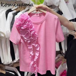 Women's T Shirts Heavy 3d Flower Ropa Mujer Patchwork Tops Short Sleeve Shirt Personality Camisetas Summer 2024 Korean Clothes Women