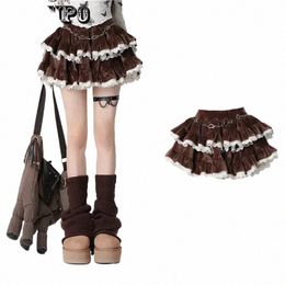 brown Corduroy Skirt Sweet Cute Women's Cake Skirt Ruffle Edge Stitching Hotsweet Pure Desire Fi Y2K American Spicy Girl A1rD#