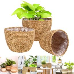 Planters 1PC Handmade Bamboo Rattan Woven Home Decoration Plant Container Grass For Indoor Outdoor Flower Pots High Quality Creative New