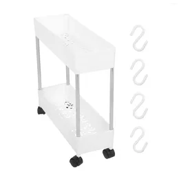 Hooks Drawer Floor Trolley Storage Holder Kitchen Double-layer Rack Movable Type White Floor-type Stand Office