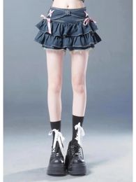 HOUZHOU Y2k Mini Denim Skirts Women Sweet Kawaii Streetwear Bow Girl Pleated Sexy Summer Vintage Korean Fashion 240328