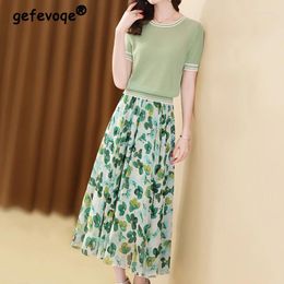 Work Dresses Two Piece Set Women Outfit 2024 Trendy Bright Silk Patchwork Short Sleeve Knitted T Shirt Floral Print Elegant Long Skirts Ropa