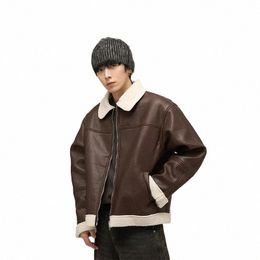 vintage Sherpa Patchwork Faux Leather Winter Coat Fur Integrated Design Lamb Cmere Jacket U66t#