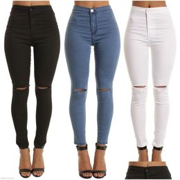 Women'S Jeans Fashion High Waist Woman Femme Stretch Black White Pencil Pants Denim With Pockets Skinny Ripped For Drop Delivery Appa Dhotb