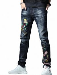 blue Mens Denim Ripped Hip Hop Skinny Leg Bird Floral Embroidered Jeans Fi Stretch Denim Pants E0hQ#