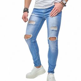 fi Men Holes Stretch Pencil Skinny Jeans Trousers Street Style Male Cott Jogging Denim Pants For Men's Clothing X7xQ#