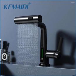 Bathroom Sink Faucets KEMAIDI Faucet With Pull Out Sprayer 3 Modes Digital Temperature Display W/ 360° Swivel Spout Tap