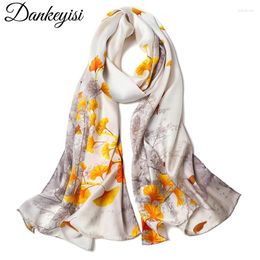 Scarves DANKEYISI Pure Silk Women Scarf Female Long Hand Rolled Floral Printed Shawl Genuine Natural