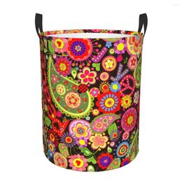 Laundry Bags Folding Basket Hippie Colourful Flowers Round Storage Bin Large Hamper Collapsible Clothes Toy Bucket Organiser