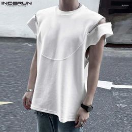 Men's T Shirts INCERUN Men Shirt Solid Color O-neck Short Sleeve Zipper Casual Clothing Streetwear Summer Korean 2024 Male Tee Tops S-5XL