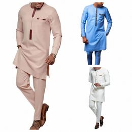 Kaftan Elegante afrikanische Männer Set 2 Stück Outfits Lg Sleeve Ethnische Tops und Hosen Voller Luxus Herrenanzug Hochzeit Männer Kleidung W1rz #