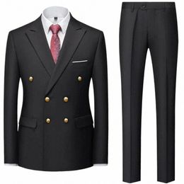 2023 Fi New Men's Casual Boutique Double Breasted Suit Trousers / Man's Busin Suit Jacket Blazers Coat Pants 2 Pcs Set d8Ab#